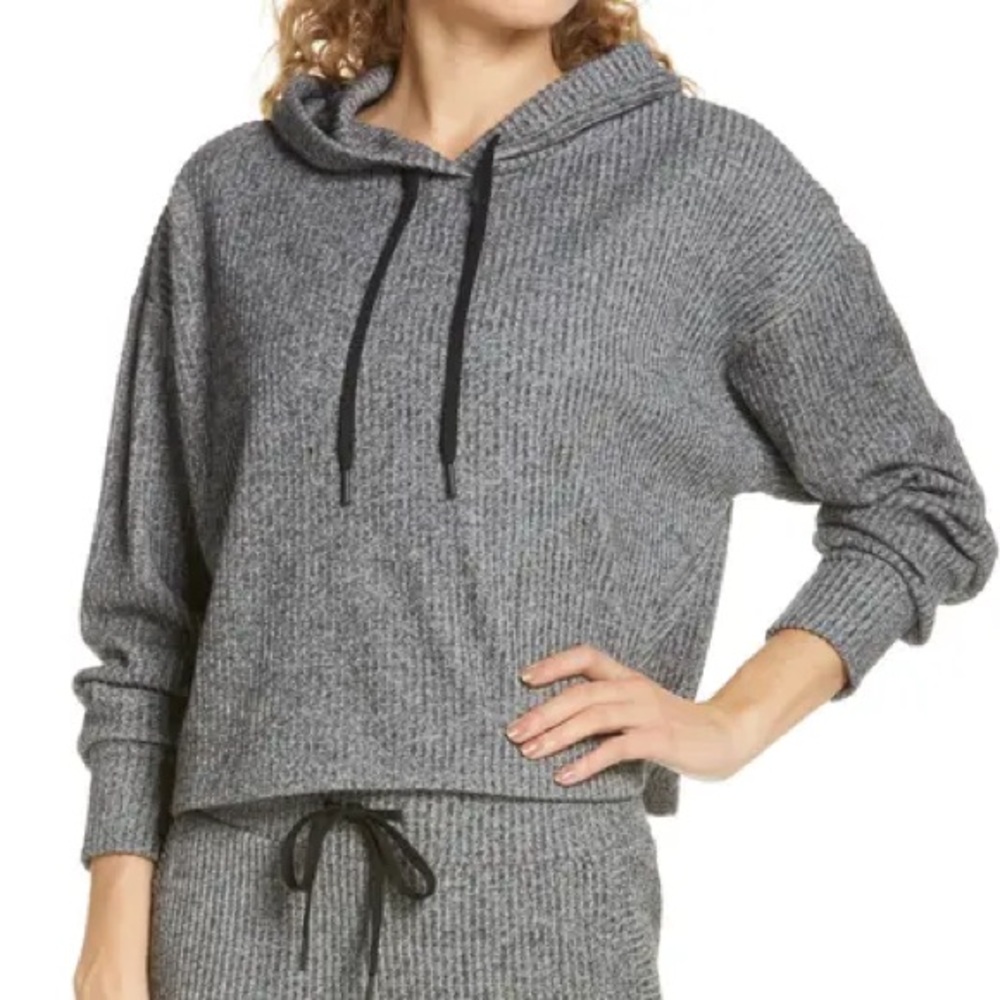 ❤️ Zella Sloane Cozy Rib Hoodie Grey Medium Charcoal Heather